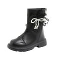 thumbnail image 1 of SZJXBUY Kids Boots Winter Mid-Calf Pearl Bow Combat Boot Fashion Faux Leather Back Zipper Low Heel Riding Shoes Black,7 Years, 1 of 7