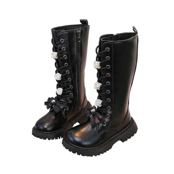 SZJXBUY Kids Girl Winter Boots Waterproof Knee Length Combat Boot Mid Calf Side Zipper Punk Goth PU Leather Platform Riding Shoes Black,4.5 Years