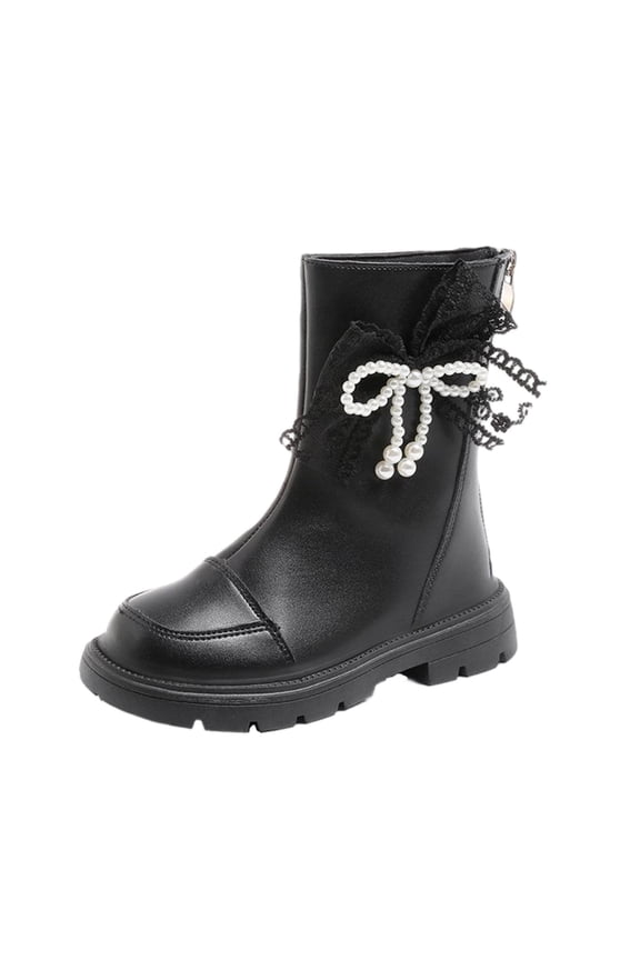 Kids Pull On Boots Mid-Calf Pearl Bow Combat Boot Fashion Faux Leather Back Zipper Low Heel Riding Shoes Black,4 Years