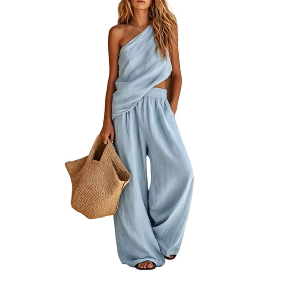 SZJXBUY Ladies 2 Piece Pants Sets Dressy Baggy Casual Off Shoulder Sleeveless Wide-Leg Pants Set Elegant Beach Outfit Light Blue,XL