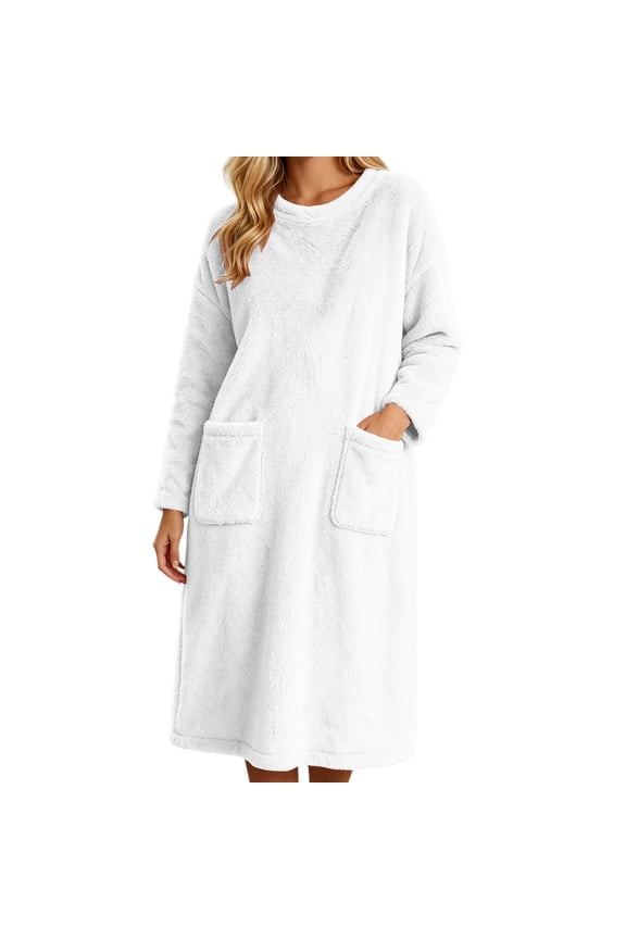 Ladies Cotton Night Gowns Oversized Single-Sided Fuzzy Fleece Crewneck Midi Dress with Pockets Cozy Loungewear Pajama Nightdress White,M