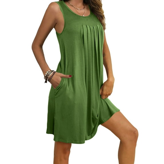 SZJXBUY Ladies Nightgowns,Women Nightgown with Pockets Sleep Shirts Dress Flowy Plain Sleeveless Sleepwear Pleated Front Nightshirt Round Neck Nightdress Green,XL