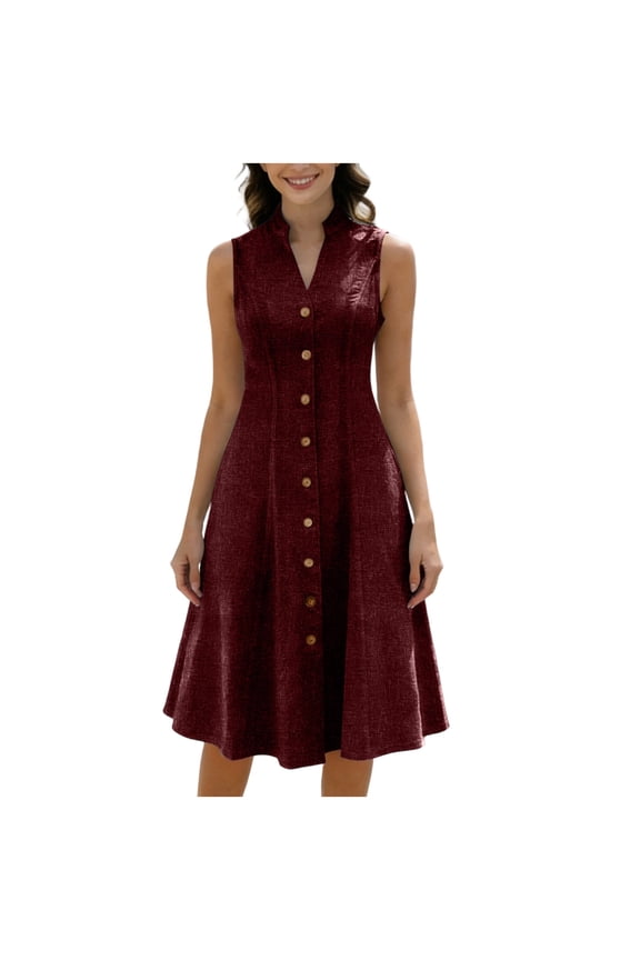 Linen Dress Women Casual Elegant Button Down Stand Collar Sleeveless Shirt Dress Summer Flowy Office Work Midi Tank Dresses Red,L