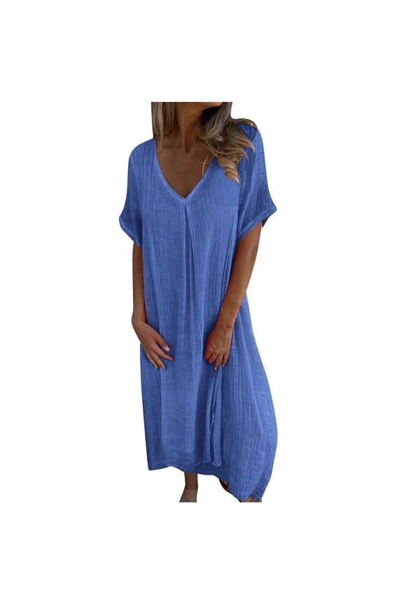 Linen Dress Women Summer Casual Gauze V-Neck Midi Dress Flowy Dressy Loose Fit Lightweight Maxi Sundress Blue,XL