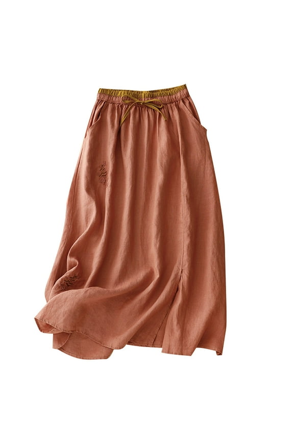 Linen Midi Skirts for Women Embroidery Casual Slit Beach Party Holiday Half Dresses with Pockets Pink,M