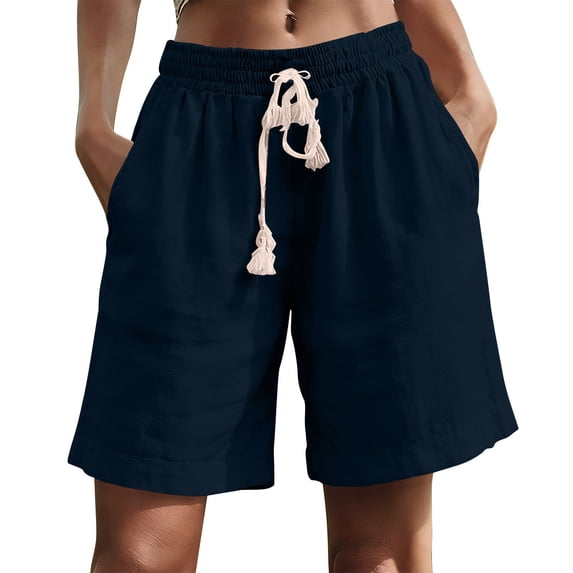 SZJXBUY Linen Shorts Comfortable Women Casual Elastic Waist Comfy Curling Knee Length Pants with Drawstring Navy,S