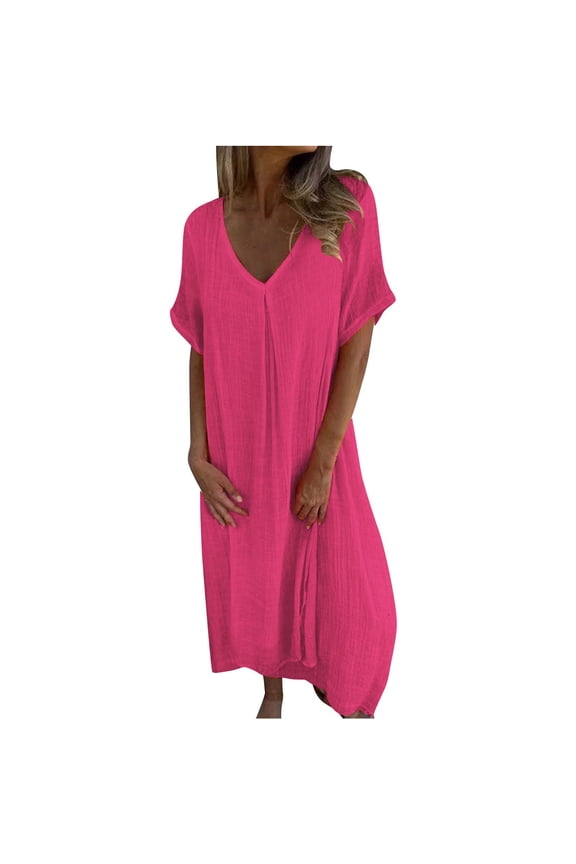 Linen Summer Dresses for Women Casual Gauze V-Neck Midi Dress Flowy Dressy Loose Fit Lightweight Maxi Sundress Hot Pink,XXXL