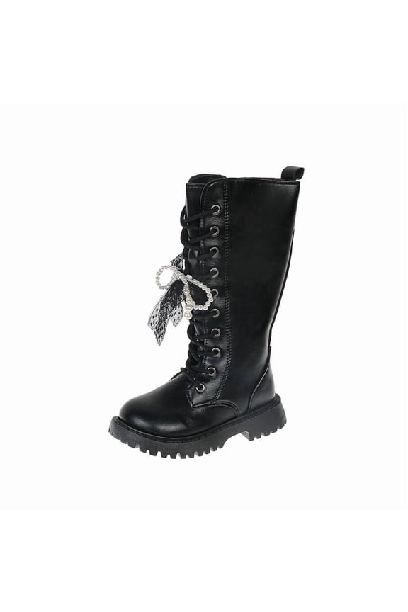Little Kid Boots Preppy Cute Bow Lace Up Mid Calf Riding Long Boots PU Leather Side Zipper Lug Sole Punk Goth Boot Black,4-4.5 Years
