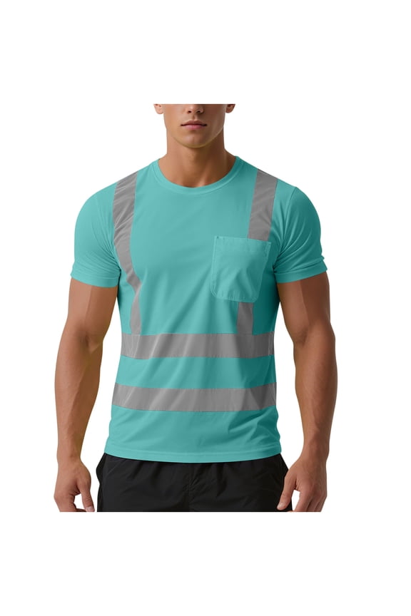 Long Sleeve Hi Vis Shirts for Men High Visibility Short Sleeves Reflective Safety Top Casual Crewneck Construction Work Durable &Breathable Tees with Pocket Light Blue,L