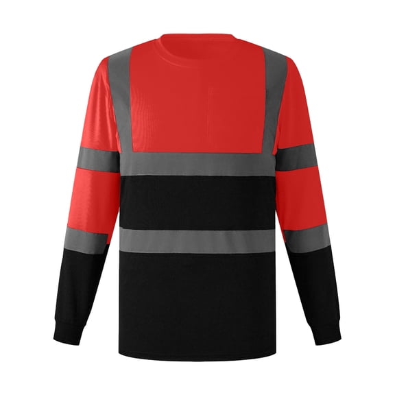 SZJXBUY Mens High Vis Work Shirts Casual Mesh Reflective Long Sleeves Safety Top Crewneck Construction Work Durable & Breathable Tees Red,L