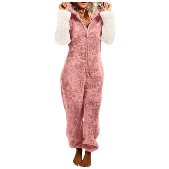 SZJXBUY Onesies for Adults Pajamas Color Block Fleece Zipper Sherpa Jumpsuit with Hooded Ears Plus Size Sleepwear One Piece Loungewear Rompers Pink,L