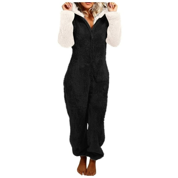 SZJXBUY Pajama Jumpsuit Women Color Block Fleece Zipper Sherpa Pajamas with Hooded Ears Plus Size Sleepwear One Piece Loungewear Rompers Black,S