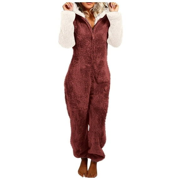 SZJXBUY Pajama Romper Women Color Block Fleece Zipper Sherpa Jumpsuit with Hooded Ears Plus Size Sleepwear One Piece Loungewear Onesies Wine,XXXXXL
