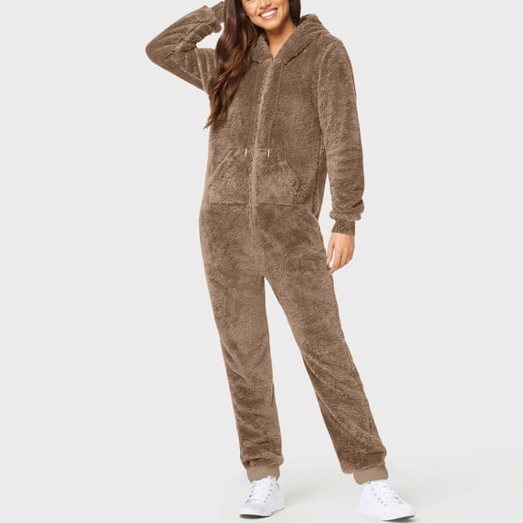 SZJXBUY Pajamas for Women One Piece Fleece Zip Up Sherpa Jumpsuit with Drawstring Hooded Solid Pockets Loungewear Sleepwear Plus Size Rompers Khaki,XXXXL