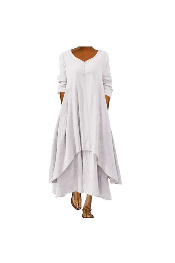 Petite Linen Dresses for Women Plus Size Button Crewneck Loose Long Maxi Dress Oversized Bohemian Summer Caftan Beach Sundress White,XXXXL
