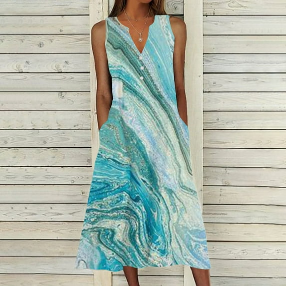 SZJXBUY Plus Size Dresses for Women 2024 Women's Boho Summer Marble Print Casual Dress Vintage Sleeveless Neck V-Neck Midi Tank Dress with Pockets Sky Blue,XXL