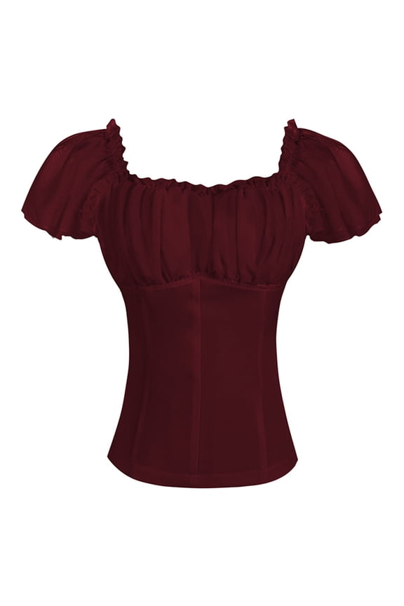Plus Size Womens Short Sleeve Tops Trendy Renaissance Square Neck Plain Blouse Shaping Empire Waist Elegant Ruched Tops Wine,L