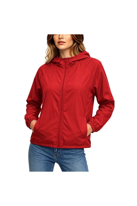 Rain Jacket Plus Size Women Oversized Zip Up Hooded Running Raincoat Casual Long Sleeve Lightweight Waterproof Windbreaker with Pockets for Outdoor Red,S
