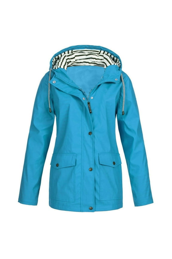 Rain Jacket Women Plus Size,Women's Raincoat Windbreaker Zipper Hoodies Jackets Waterproof Lightweight Outdoor Hiking Travel Coats Trench Coat with Pockets Clearance,Light blue,XXXL