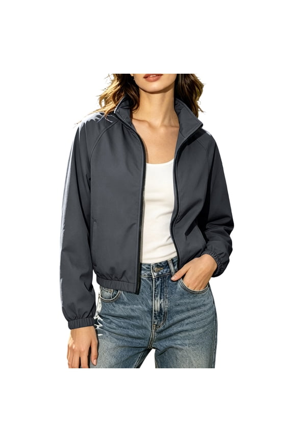 Rainjacket Women Waterproof Plus Size Stand Collar Zip Up Raincoat Casual Outdoor Hiking Cropped Windbreaker with Pockets Gray,XL