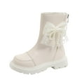 thumbnail image 1 of SZJXBUY Riding Boots Kids Mid-Calf Pearl Bow Combat Boot Fashion Faux Leather Back Zipper Low Heel Chunky Shoes White,8 Years, 1 of 9
