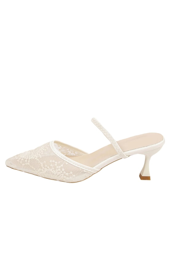 Sandals for Women 2026 Trendy,Summer Elegant Embroidered Kitten Heels Pointed Close Toe Mesh Floral Slingback Heeled Shoes with Pearl Slip On Backless Bridal Wedding White,39