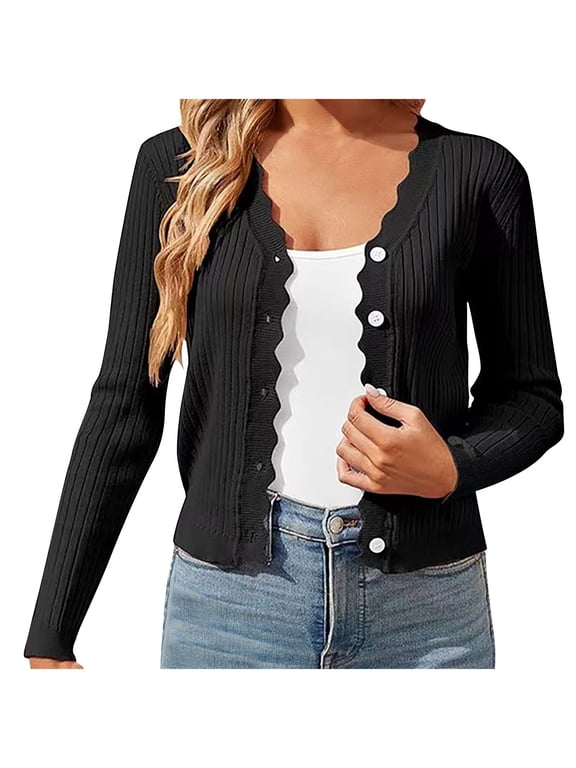 Sheer Duster Cardigans for Women Summer Casual V Neck Button Down Cropped Cardigan Soft Ribbed Knit Shrugs for Dresses Tops Black,XL