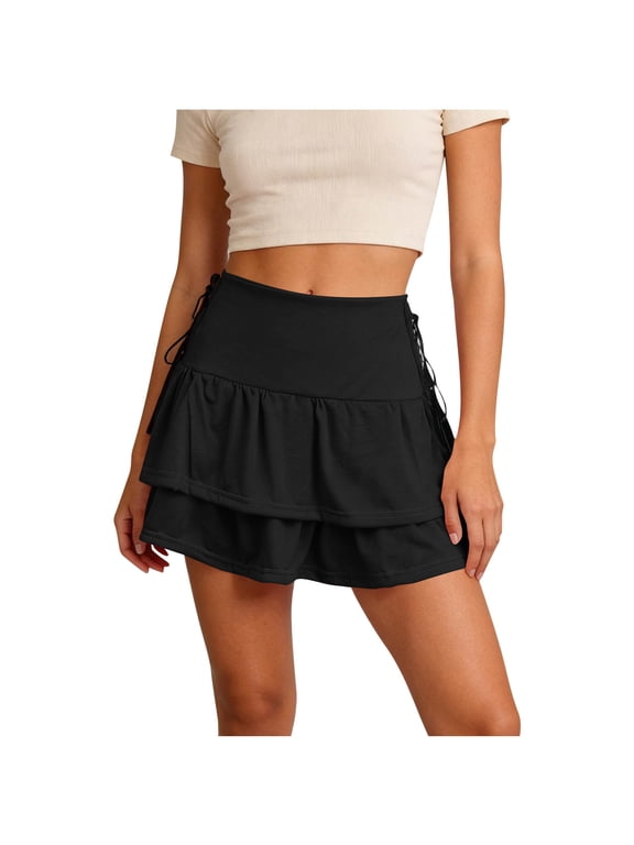 Skirt for Women Trendy Mini Ruffle High Waist Flowy Early Spring Skirts Vacation Casual Beach Boho Tiered Golf Skort Black,S