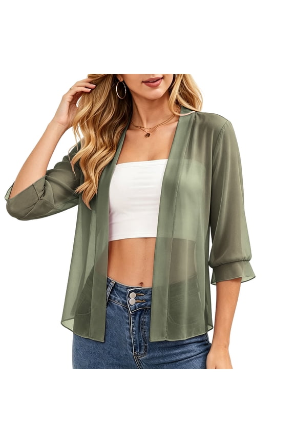 Summer Cardigan Sweaters for Women Lightweight Plus Size Chiffon Thin 3/4 Sleeve Sheer Shrugs Trendy Open Front Loose Elegant Cropped Cardigans Green,M