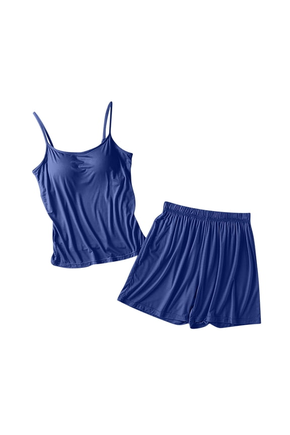 Summer Pajama Sets for Women 2 Piece Cooling Plus Size Built in Bra Lounge Sleeveless Tops & Wide Leg Shorts Sleepwear Nightwear Matching Outfits Blue,XXXXL