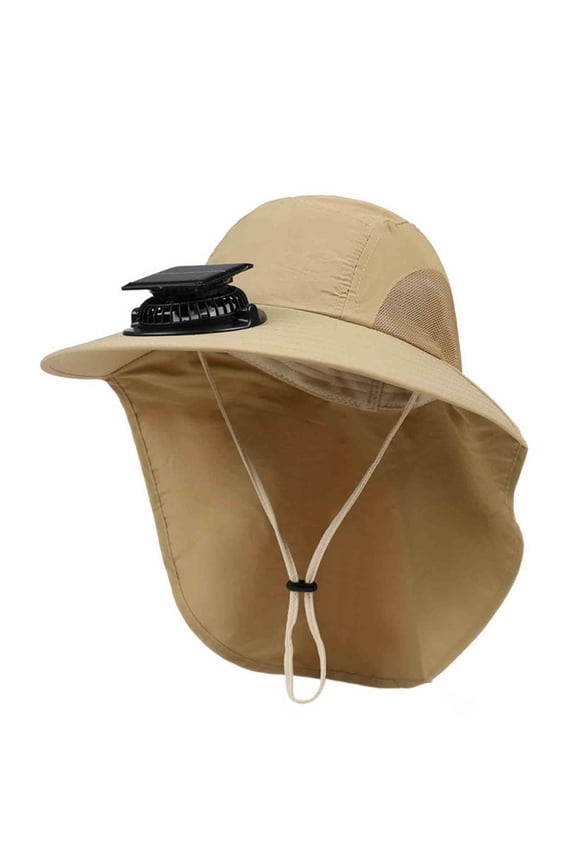 Sun Hat with Fans for Men Unisex Summer Wide Brim Sunhat Adjustable Strap Outdoor Sun Protection Fishing Hats with Neck Flap Khaki,M