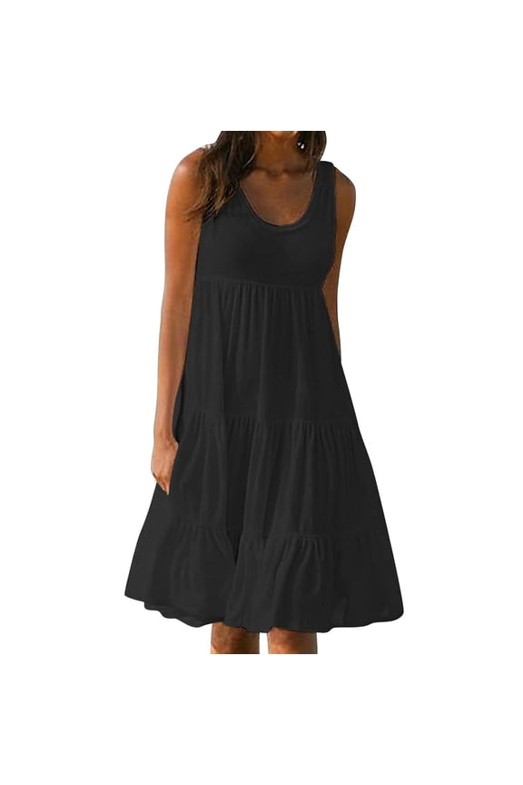 Swing Sundresses for Women Casual Beach Sleeveless Resort Wear Dresses Vacation Tropical Spring Summer Tank Dress Black,L