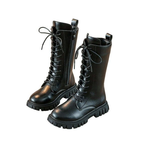SZJXBUY Tall Boots for Girls Lace Up Riding Boots Mid Calf Combat Boot PU Leather Side Zipper Punk Goth Shoes Black,10 Years