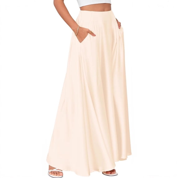 SZJXBUY Tiered Maxi Boho Skirts for Women Flowy Long Satin Skirts High Waisted A line Skirt Trendy for Office Holiday Party Beige,S