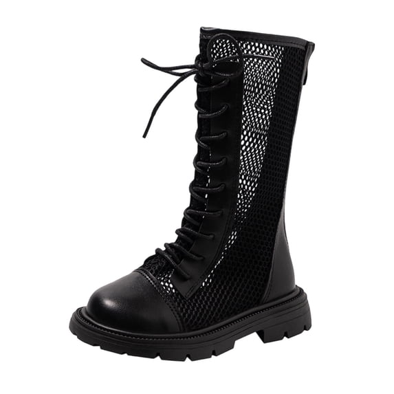 SZJXBUY Toddler Boots with Zipper Breathable Mesh Fabric Knee High Boot Fashion Lace-Up Side Mid Calf Combat Riding Boots Lightweight Sandals Black,7 Years