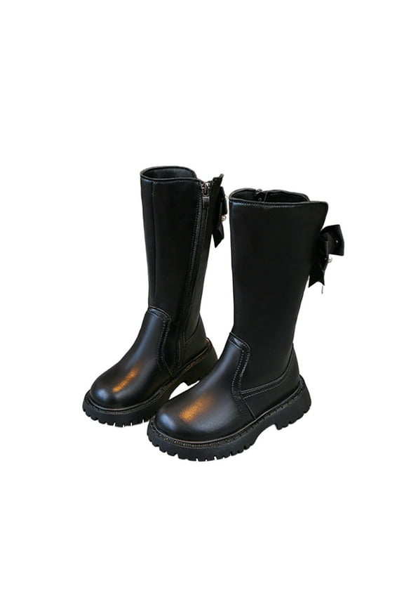 Toddler Shoes Girl Boots Cute Bow High-Top Riding Combat Boot Mid Calf Waterproof PU Leather Side Zipper Punk Goth Shoe Black,3.5 Years