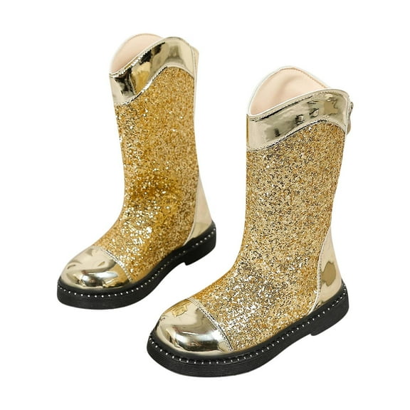 SZJXBUY Toddler Waterproof Boots Cowgirl Sparkly Back Zipper Boot Western Mid Calf PU Leather Pearl Bowknot Party Princess Shoes Gold,4.5 Years