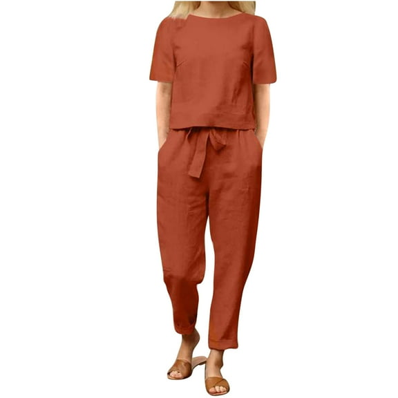 SZJXBUY Two Piece Sets for Women Summer Linen Basic Dressy Casual Lounge Matching Sets Loose Crewneck Short Sleeve Crop Tops Drawstring Tapered Pants Beach Vacation Outfits Red,M
