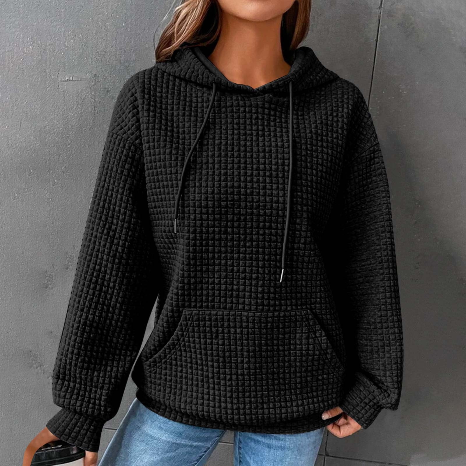 SZJXBUY Waffle Hoodies Women,Hoodies for Women Casual Pullover Waffle Long Sleeve Drawstring Hooded Sweatshirt with Pocket 2024 Black,S