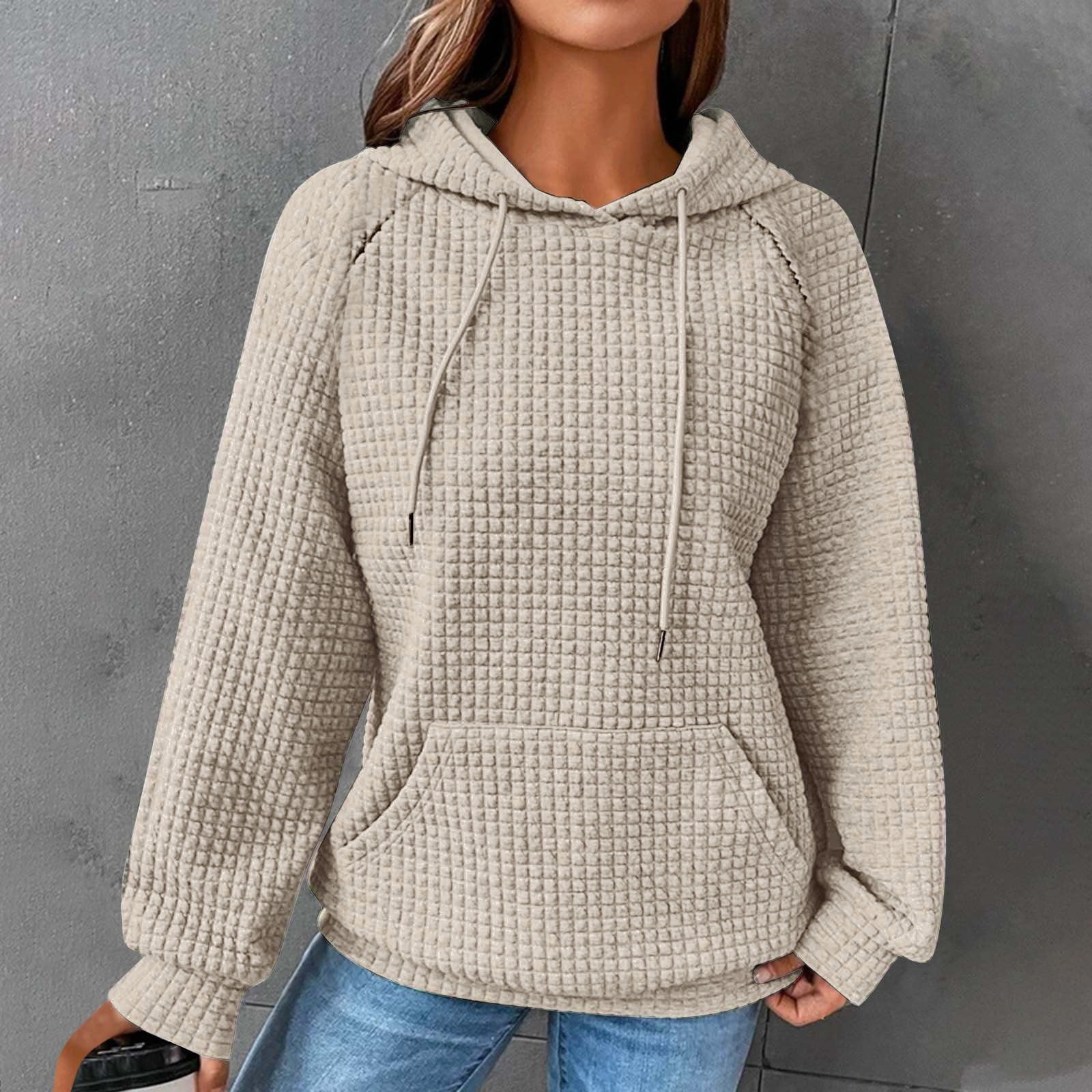 SZJXBUY Waffle Knit Hoodies For Women,Hoodies for Women Casual Pullover Waffle Long Sleeve Drawstring Hooded Sweatshirt with Pocket 2024 Beige,S