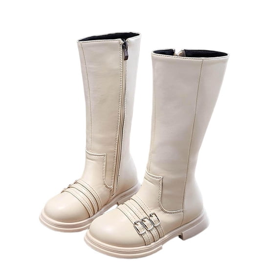 SZJXBUY Warm Boots for Girls Western Punk Gothic Riding Boot Vintage Knee High Side Zipper PU Leather Fall Winter Shoes Beige,5.5 Years
