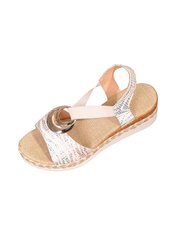 Wedge Sandals for Women Toms Summer Casual Open Toe Platform Sandals Low Heel Dressy Elastic Ankle Strap Comfortable Shoes White,36