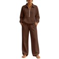 thumbnail image 1 of SZJXBUY Woman Sweat Suits 2 Piece Set Fall Fashion Loose Fit Lounge Set with Pockets Collared Half Zip Long Sleeve Top Wide Leg Pant Outfits Brown,M, 1 of 7