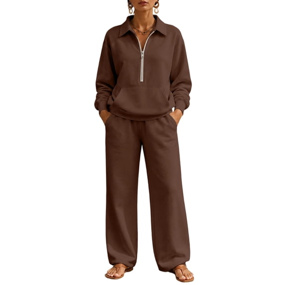 SZJXBUY Woman Sweat Suits 2 Piece Set Fall Fashion Loose Fit Lounge Set with Pockets Collared Half Zip Long Sleeve Top Wide Leg Pant Outfits Brown,M
