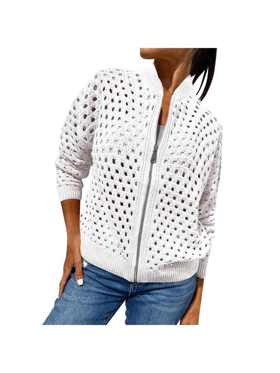 Womans Zip Jacket Plus Size Breathable Eyelet Knitted Bomber Jackets Casual Fall Fashion Hollow Out Crochet Outerwear Coats White,S