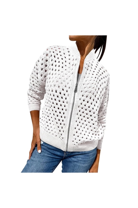 Womans Zip Jacket Plus Size Breathable Eyelet Knitted Bomber Jackets Casual Fall Fashion Hollow Out Crochet Outerwear Coats White,S