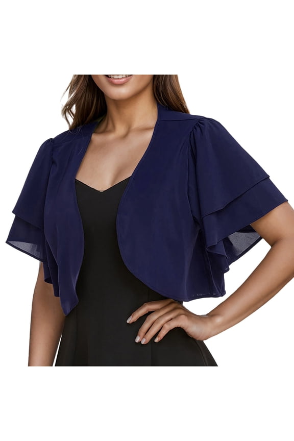 Women Cardigans Daily Wear Summer Flowy Dressy Casual Ruffle Bolero Tops Short Sleeve Chiffon Shrugs Gauze Open Front Cropped Cardigan Navy,L