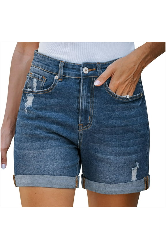 Women Jean Short Stretchy High Waisted Ripped Denim Shorts with Pockets Trendy Distressed Cut Off Pants Dark Blue,XL