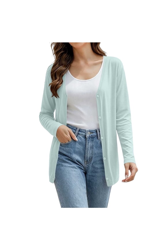 Women Long Cardigan Duster Summer Dressy Casual Lightweight Button Down Soft Long Sleeve Open Front Cardigans Light Blue,M