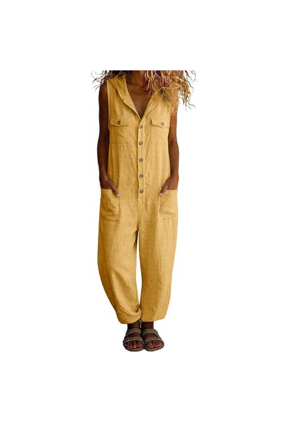 Women Plus Jumpsuit Oversized Dressy Casual Button Down Wide Leg Cargo Jumpsuits with Hood Sleeveless Summer Multi Pockets Workout Overalls Yellow,S